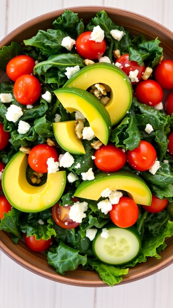 A colorful kale salad with cherry tomatoes, avocado, and cucumber in a rustic bowl.